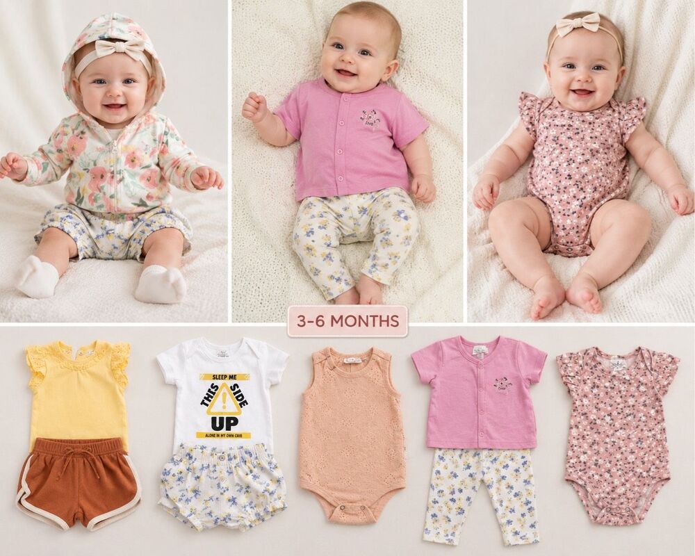 Baby Girls 9 Pc Clothing Lot Floral Bodysuits Rompers Shorts Size 3-6M